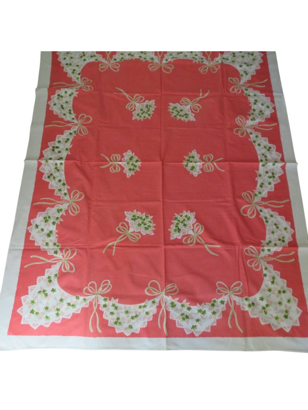 Vintage 1950s Cotton Tablecloth Floral Bows & Lace Print Coral & White 51" X 62"